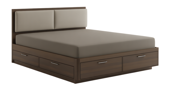 A sleek platform bed with four spacious drawers, perfect for modern loft living. 
