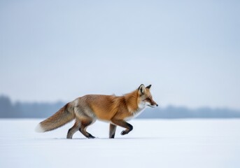 Fototapeta premium Red fox trotting through snow under pale blue sky