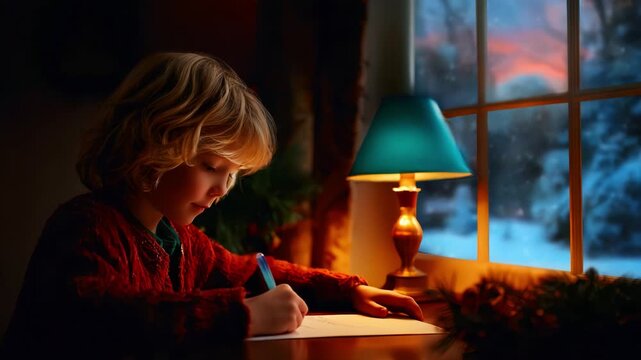 A young child deeply engaged in writing a heartfelt letter by a warmly lit window, adorned with a glowing lamp, while a serene winter scene unfolds outside, showcasing falling snow and beautiful