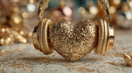 A glittering golden heart wearing modern headphones rests upon frosty ground under warm bokeh lights, creating the dreamy winter evening atmosphere filled featuring warmth and sparkle