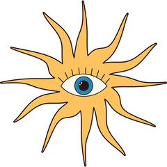 Stylized Sun With Eye Graphic Element Featuring Blue Iris and Yellow Rays Isolated on White Background
