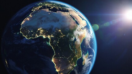 Stunning view of planet Earth from space showing Africa illuminated at night with sun shining bright creating global appeal