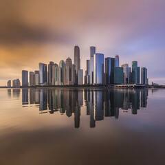 Fototapeta premium Expansive cityscape with multiple skyscrapers reflecting in calm water beneath a gradient sky.
