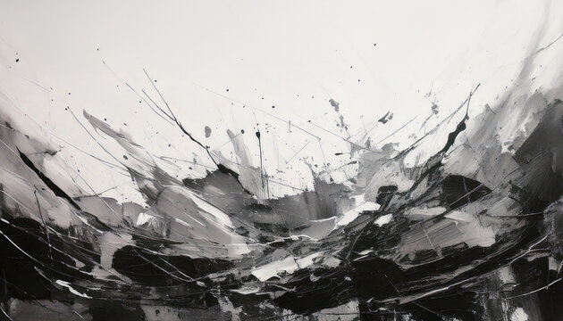 Dynamic monochrome abstract painting with expressive brushstrokes creating a sense of powerful movement and dramatic texture, evoking a captivating visual experience