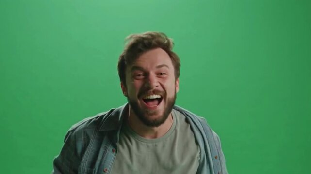 Closeup slow motion portrait of amazed man happy, saying WOW. Handsome hip guy with stylish hairdo surprised to camera on green screen chroma key background.