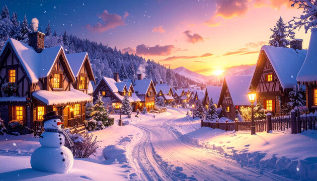 escena navide&ntilde;a en un pueblo cubierto de nieve con casas y luces encendidas en las ventanas, al atardecer y anochecer, para felicitaciones de navidad
