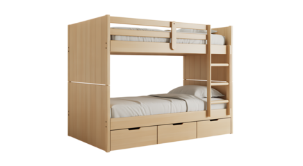 Wooden bunk bed with drawers and ladder in a bright room for children's sleep 
