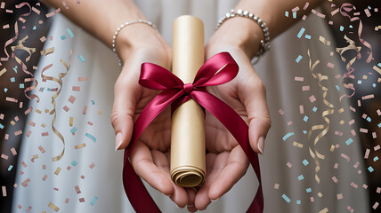 Hands holding a diploma tied with a red ribbon and confetti