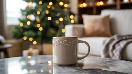 Cozy christmas scene with hot drink and decorated tree