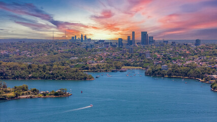 18 November 2025 Panoramic night view of Sydney Harbour and City Skyline of NSW Australia beautiful colourful skies on a beautiful spring day