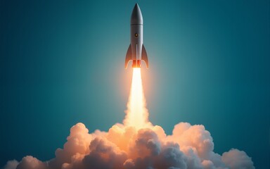 Bright light bulb rocket launches with fiery exhaust smoke on blue background. Innovative concept successful business startup, new project development, big idea generation. Shows creative progress,