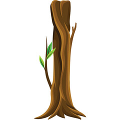 Stylized Tall Brown Tree Trunk with Green Leaves and Brown Root System on White Transparent Background
