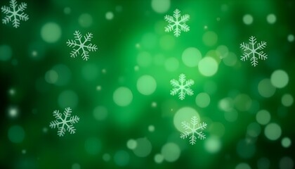 Abstract green background with floating snowflakes and sparkling bokeh lights.