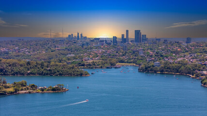 Naklejka premium 18 November 2025 Panoramic night view of Sydney Harbour and City Skyline of NSW Australia beautiful colourful skies on a beautiful spring day