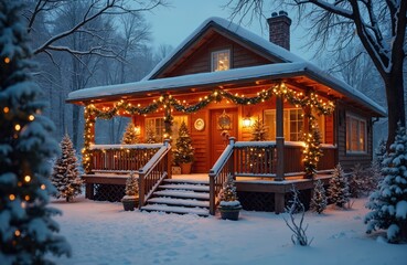 Snowy cabin exterior with festive holiday lights, Christmas trees. Warm glow emanates from windows, inviting viewers into cozy winter scene. Snowfall gently blankets landscape surrounding charming