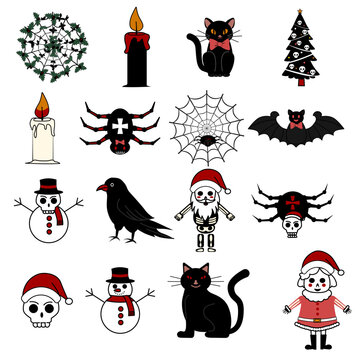 Spooky Christmas Clipart, Gothic Holiday set icons and decorations