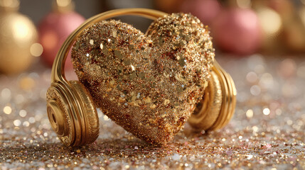 A glittering golden heart wearing modern headphones rests upon frosty ground under warm bokeh lights, creating the dreamy winter evening atmosphere filled featuring warmth and sparkle