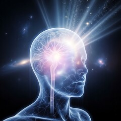 Human head with glowing brain and radiating light representing intelligence and thought.