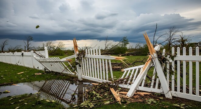 Devastation and Resilience: Storm-Damaged Fence for Insurance and Disaster Relief Campaigns. Illustrating the Power of Nature and the Need for Preparedness.