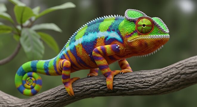 Vibrant Chameleon Perched on Tree Branch - Powered by Adobe