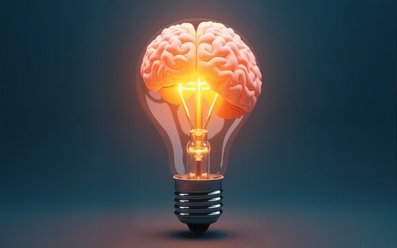 Human brain inside a light bulb brainstorming ideas idea or understanding Creative inspiration and innovation 3D bright business. High quality