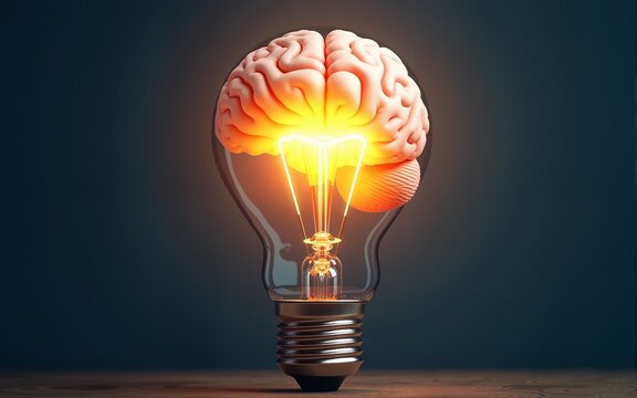 Human brain inside a light bulb brainstorming ideas idea or understanding Creative inspiration and innovation 3D bright business. High quality