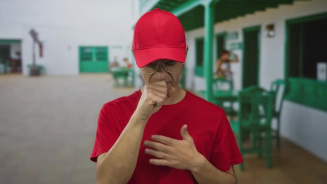 Man wearing red cap and red shirt coughing into fist while clutching chest at building entrance; health anxiety.