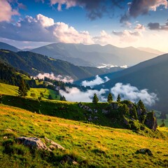 A picturesque landscape showcases rolling green hills, majestic mountains, and fluffy clouds under a vibrant, sunlit sky