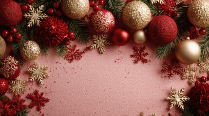 Colorful Christmas ornaments and pine branches arranged upon the red background featuring snowflake decorations, creating a festive holiday atmosphere under soft studio lighting