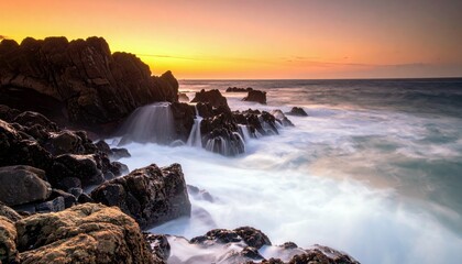 Obraz premium Waves crash against rugged, dark rocks along the coast during a vibrant sunset, creating a dynamic seascape.