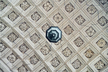 Ornate coffered ceiling with intricate floral rosettes and central light fixture