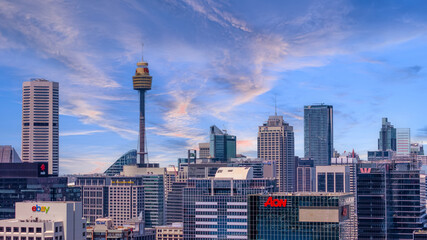 18 November 2025 Panoramic night view of Sydney Harbour and City Skyline of NSW Australia beautiful colourful skies on a beautiful spring day