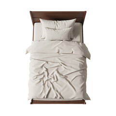 Aerial view of a single bed with white linens and a wooden frame against a black background space 
