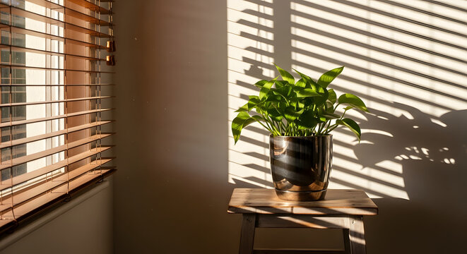 Warm Sunlight Striped Shadow Wall Background with Green Plant