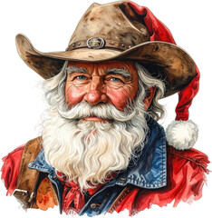 Watercolor Portrait of Cowboy Santa Claus with White Beard and Blue Eyes