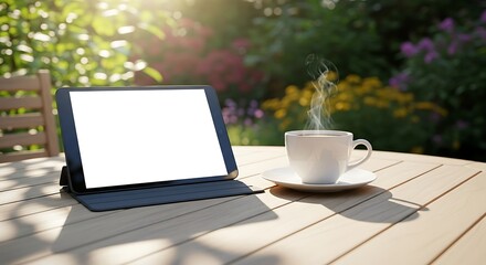 Enjoying Morning Coffee and Digital Productivity in a Relaxing Garden Setting: Perfect for Work-Life Balance and Creative Inspiration, Ideal for Lifestyle Advertising.