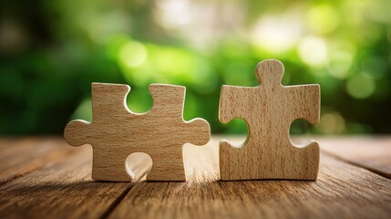 A close-up view of two puzzle pieces on a wooden table with a blurred green background, perfect for concepts related to problem-solving, teamwork, or connecting ideas,. High quality