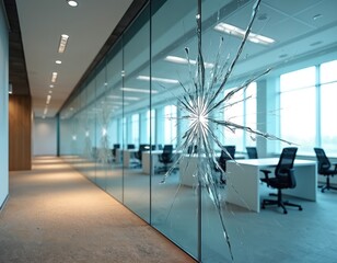Modern office interior hallway with glass partition cracked. Empty desks, chairs, and natural light fill the empty corporate space. Business disruption concept.