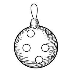 Christmas ball toy decor icon hand drawn, doodle sketch black line art