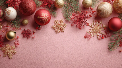 Colorful Christmas ornaments and pine branches arranged upon the red background featuring snowflake decorations, creating a festive holiday atmosphere under soft studio lighting