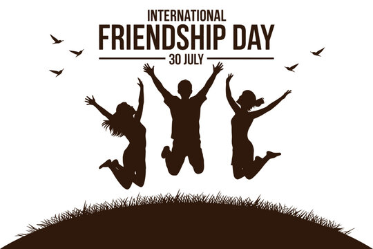 International Friendship Day is celebrated on July 30 with silhouettes of three friends jumping joyfully in the grass under a sky with birds.