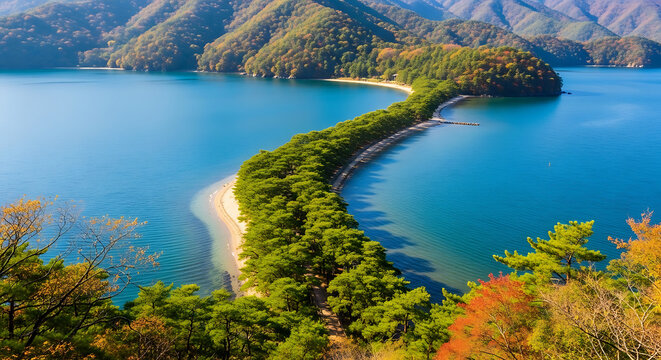 Drone Photography of Amanohashidate Pine Covered Sandbar in Autumn