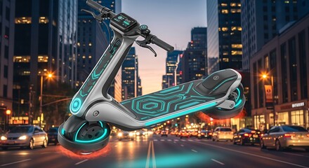 Futuristic Electric Scooter Navigating a Vibrant Cityscape at Dusk