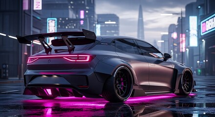 Futuristic Sports Car with Neon Lights in Cyberpunk City