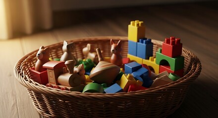 Nostalgic Wooden Toys Overflowing in Wicker Basket: Childhood Memories and Educational Playtime for Marketing Materials and Childrens' Books