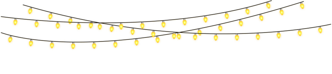 Warm Yellow Festive String Lights Garland on Transparent Background. Festive Colorful Christmas Lights String Decoration