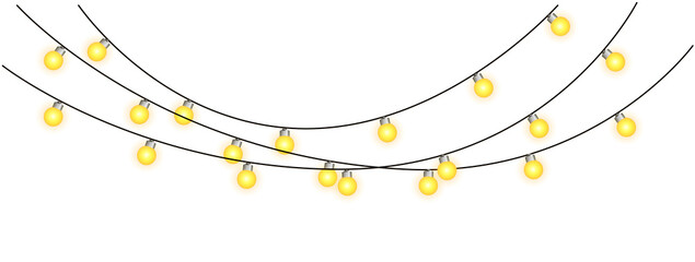 Glowing warm yellow christmas lights in seamless pattern, hanging light bulbs isolated on transparent background