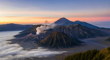Fototapeta premium Aerial Drone View of Mount Bromo Volcano at Sunrise in East Java Indonesia