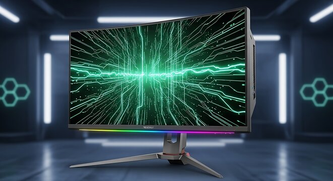 Futuristic Curved Gaming Monitor with Green Circuit Board Display