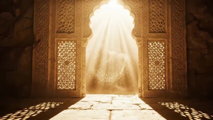 An ornate doorway with light streaming through in a mysterious place - Powered by Adobe